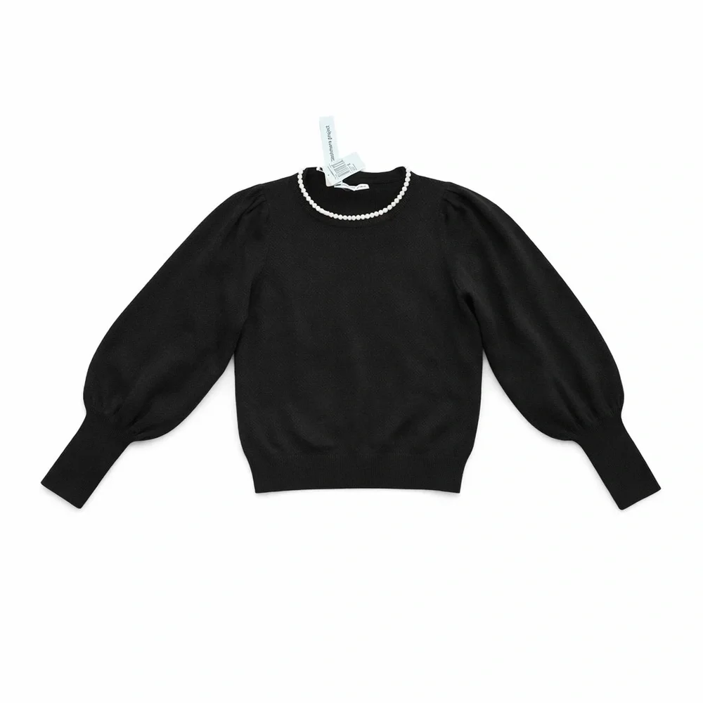 Cashmere Project 100% Cashmere Pearl Neck Sweater NWT Black Puff Sleeve | M